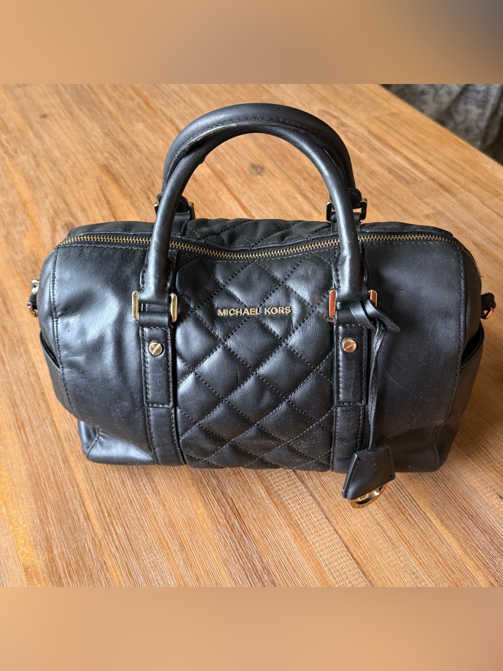 Michael Kors Black Quilted Leather Bowling Bag with Gold Hardware in Great Shape